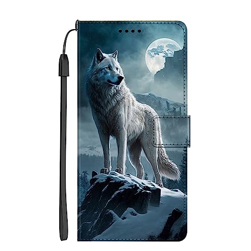 EuoDuo Kompatibel mit Samsung Galaxy A12 Hülle zum Klappen PU Leder Handyhülle Handytasche mit Tier Motiv Magnet Kartenfach Tasche Flip Cover Etui Schutzhülle - Weiß Wolf von EuoDuo