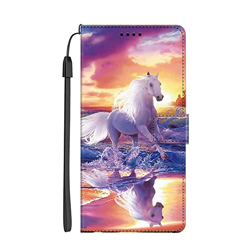 EuoDuo Kompatibel mit Samsung Galaxy A14 5G PU Leder Hülle Wallet Flip Case Handy Tasche Klapphülle Handyhülle mit Kartenfach Magnet Silikon Bumper Schutzhülle - Pferd Weiß von EuoDuo