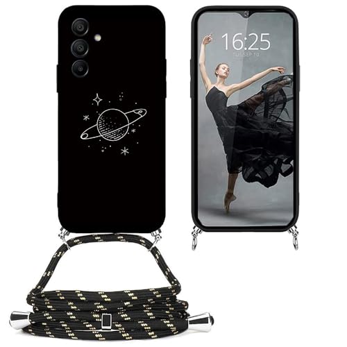 EuoDuo Kompatibel mit Samsung Galaxy A35 5G Hülle mit Band Handyhülle Handykette Schwarz Silikon Muster Motiv Schutzhülle Kordel zum Umhängen Necklace Halskette Cover - Planet von EuoDuo