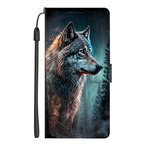 EuoDuo Kompatibel mit Samsung Galaxy A51 PU Leder Hülle Wallet Flip Case Handy Tasche Klapphülle Handyhülle mit Kartenfach Magnet Silikon Bumper Schutzhülle - Wolf im Wald von EuoDuo
