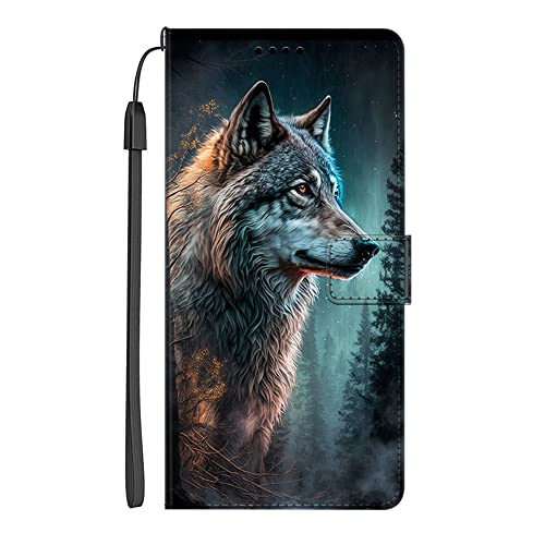EuoDuo Kompatibel mit Samsung Galaxy A52s PU Leder Hülle Wallet Flip Case Handy Tasche Klapphülle Handyhülle mit Kartenfach Magnet Silikon Bumper Schutzhülle - Wolf im Wald von EuoDuo