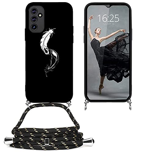 EuoDuo Kompatibel mit Samsung Galaxy A54 5G Hülle mit Band Handyhülle Handykette Schwarz Silikon Muster Motiv Schutzhülle Kordel zum Umhängen Necklace Halskette Cover - weiß Feder von EuoDuo