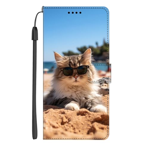 EuoDuo Kompatibel mit Samsung Galaxy S22 Ultra Hülle zum Klappen PU Leder Handyhülle Handytasche mit Tier Motiv Magnet Kartenfach Klapphülle Flip Wallet Schutzhülle - Kätzchen am Strand von EuoDuo
