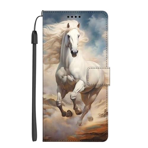 EuoDuo Kompatibel mit Samsung Galaxy S23 Ultra Hülle zum Klappen PU Leder Handyhülle Handytasche mit Muster Klapphülle Flip Case Etui Schutzhülle - Weißes Pferd Wüste von EuoDuo