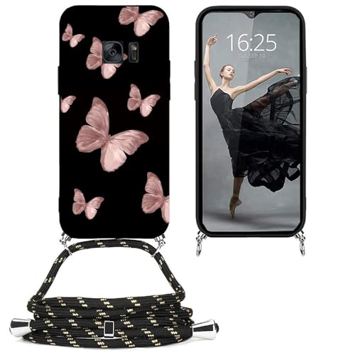 EuoDuo Kompatibel mit Samsung Galaxy S7 Hülle mit Band Handyhülle Handykette Schwarz Silikon Muster Motiv Schutzhülle Kordel zum Umhängen Necklace Halskette Cover - Rosa Schmetterlinge von EuoDuo