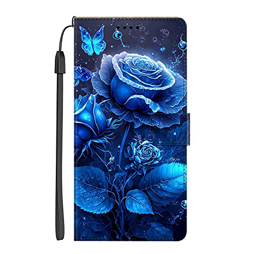 EuoDuo Kompatibel mit Samsung Galaxy Z Fold 4 Hülle PU Leder Wallet Flip Case Handy Tasche Klapphülle Handyhülle mit Kartenfach Magnet Silikon Bumper Schutzhülle - Glitzer Blaue Blume von EuoDuo