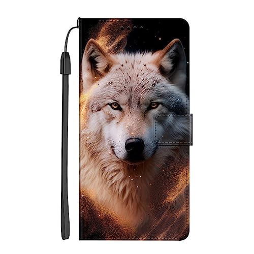 EuoDuo Kompatibel mit Xiaomi Redmi Note 12 4G Hülle zum Klappen PU Leder Handyhülle Handytasche mit Tier Motiv Magnet Kartenfach Tasche Flip Cover Etui Schutzhülle - Weiß Gold Wolf von EuoDuo