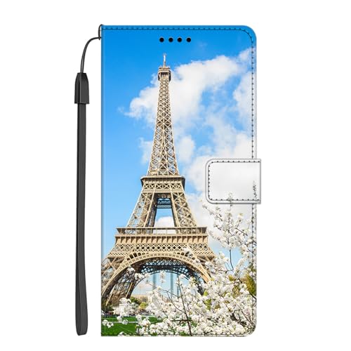 EuoDuo Kompatibel mit iPhone 13 PRO Hülle zum Klappen PU Leder Handyhülle Wallet mit Muster Klapphülle Flip Case Etui Schutzhülle - Paris Blauer Himmel von EuoDuo