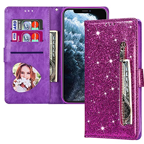 EuoDuo Kompatibel mit iPhone 14 Plus 6,7 Zoll Glitzer Leder Hülle zum Klappen Flip Case Magnet Handyhülle Kartenfach Cover Schutzhülle für iPhone 14 Plus Lila von EuoDuo