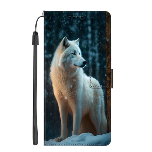 EuoDuo Kompatibel mit iPhone 7 Plus / 8 Plus Hülle zum Klappen PU Leder Handyhülle Wallet mit Muster Klapphülle Flip Case Etui Schutzhülle - Schneeflocke Wolf von EuoDuo