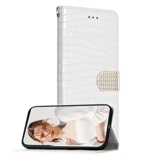 EuoDuo für Samsung Galaxy S22 Handyhülle Klappbar PU Leder Hülle in Kroko Design Handytasche Glitzer Magnetische Schnalle Schutzhülle Kartenfach Flip Case - Weiß von EuoDuo