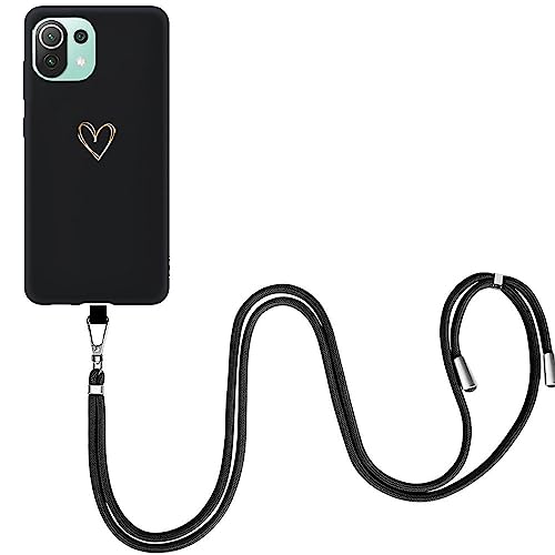 EuoDuo für Xiaomi Redmi A1 / Redmi A2 Hülle mit Band Handyhülle Handykette Abnehmbare Kordel Handyband zum umhängen Silikon Case Schwarz Schutzhülle Halskette Cover - Gold Liebesherz von EuoDuo