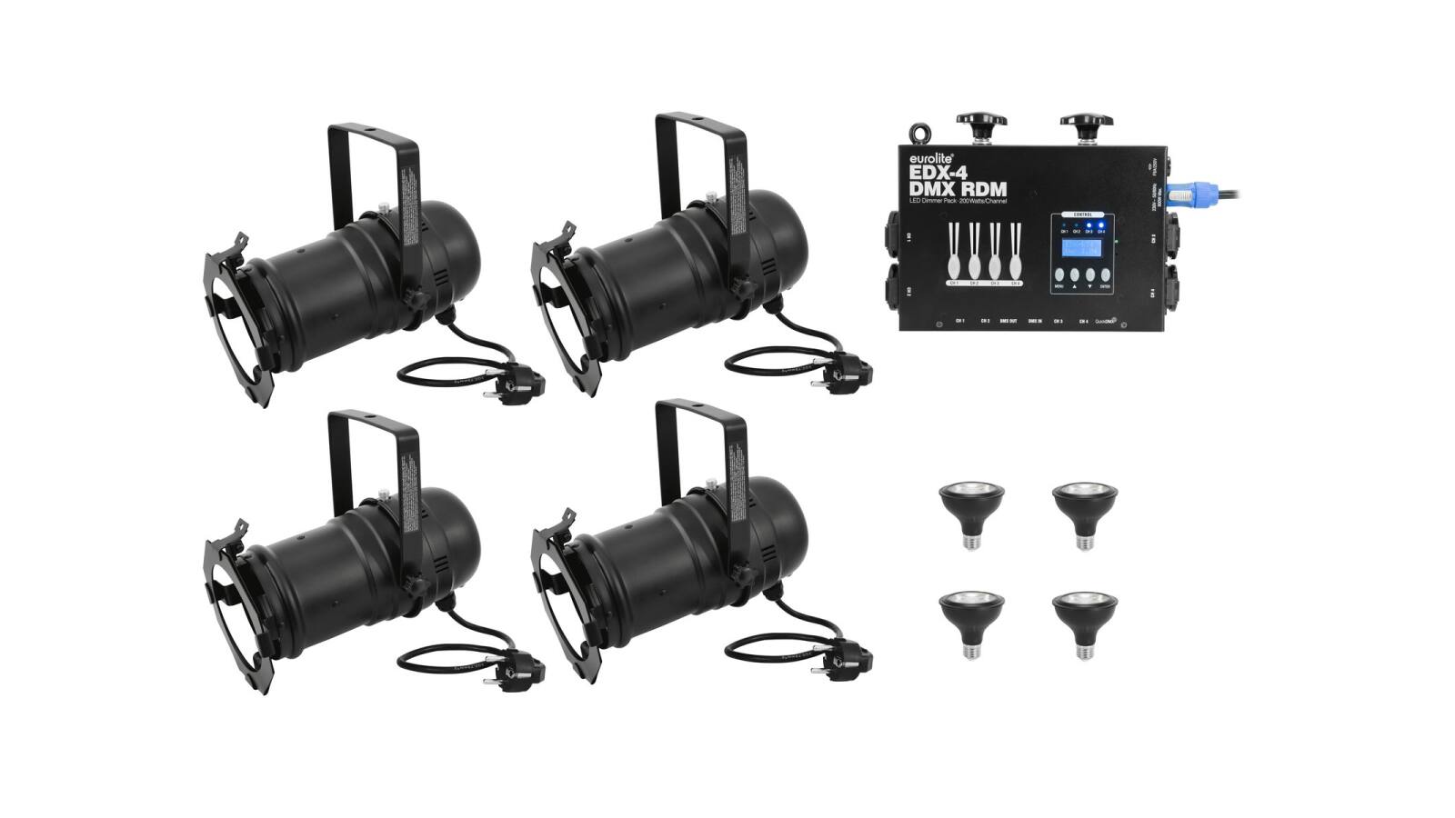EUROLITE Set 4x PAR-30 Spot sw dim2warm + EDX-4 DMX RDM LED-Dimmerpack EUROLITE Set 4x PAR-30 Spot sw dim2warm + EDX-4 DMX RDM LED-Dimmerpack von Eurolite