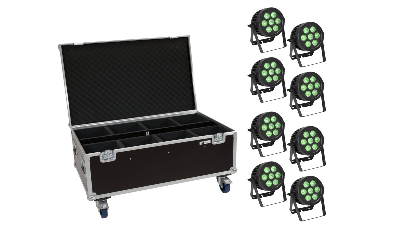 EUROLITE Set 8x LED IP PAR 7x9W SCL Spot + Case mit Rollen von Eurolite