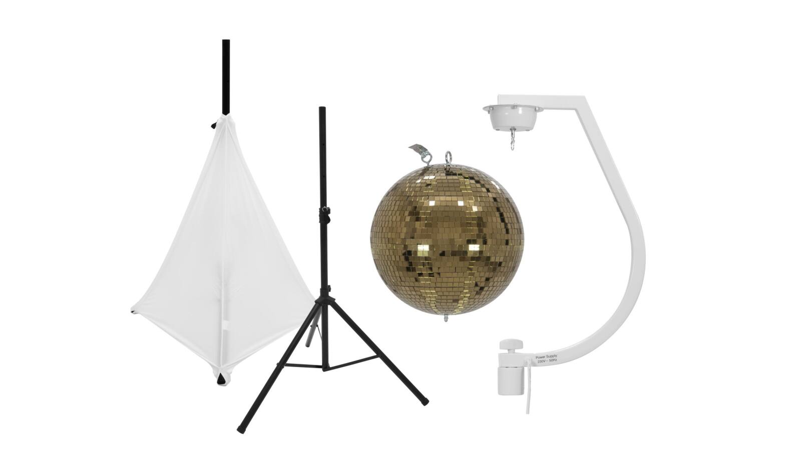 EUROLITE Set Spiegelkugel 30cm gold mit Stativ und Segel weiß EUROLITE Set Spiegelkugel 30cm gold mit Stativ und Segel weiß von Eurolite
