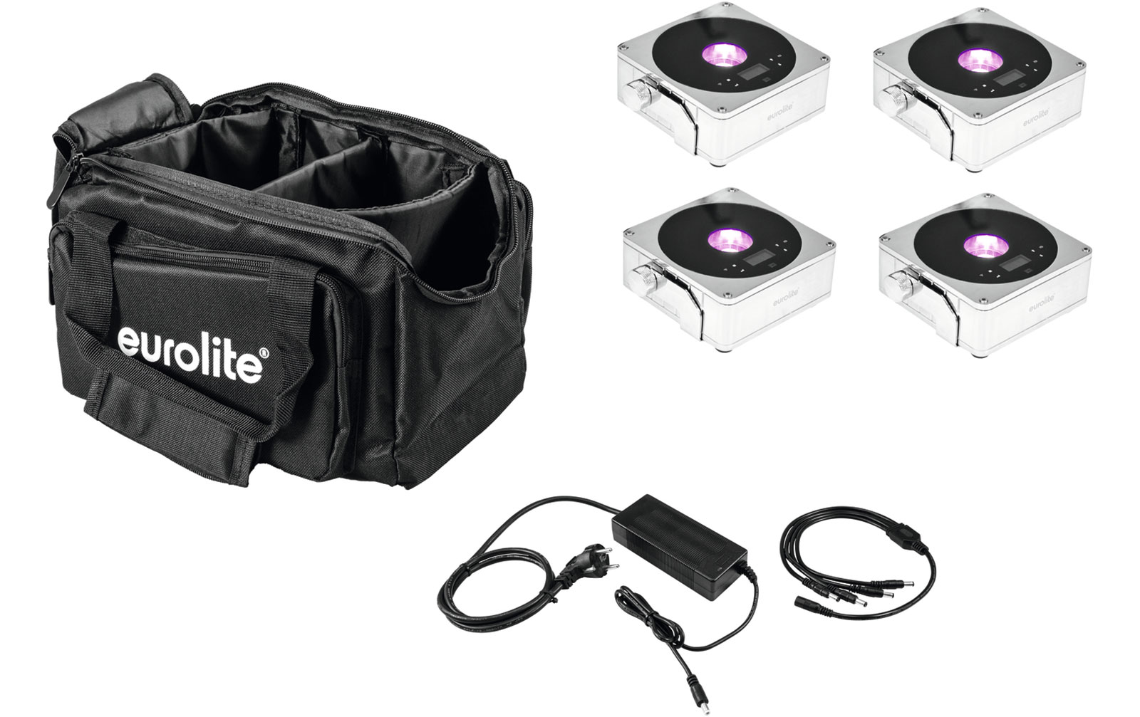 Eurolite Set 4x AKKU Flat Light 1 chrom + Soft-Bag + Ladegerät von Eurolite