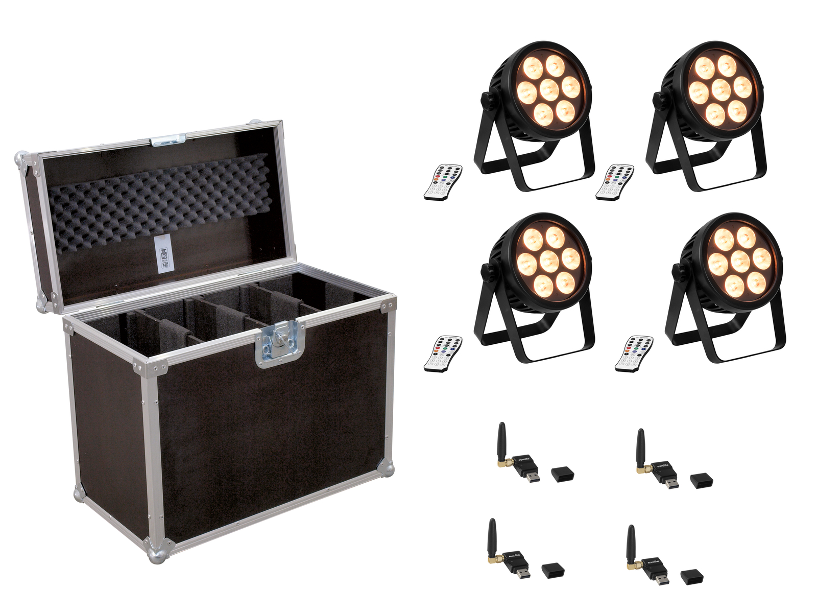 Eurolite Set 4x LED 7C-7 Silent Slim Spot + USB QuickDMX + Case Eurolite Set 4x LED 7C-7 Silent Slim Spot + USB QuickDMX + Case von Eurolite