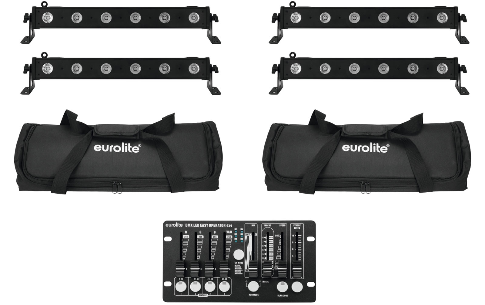 Eurolite Set 4x LED BAR-6 QCL RGBW + 2x Soft Bag + Controller von Eurolite