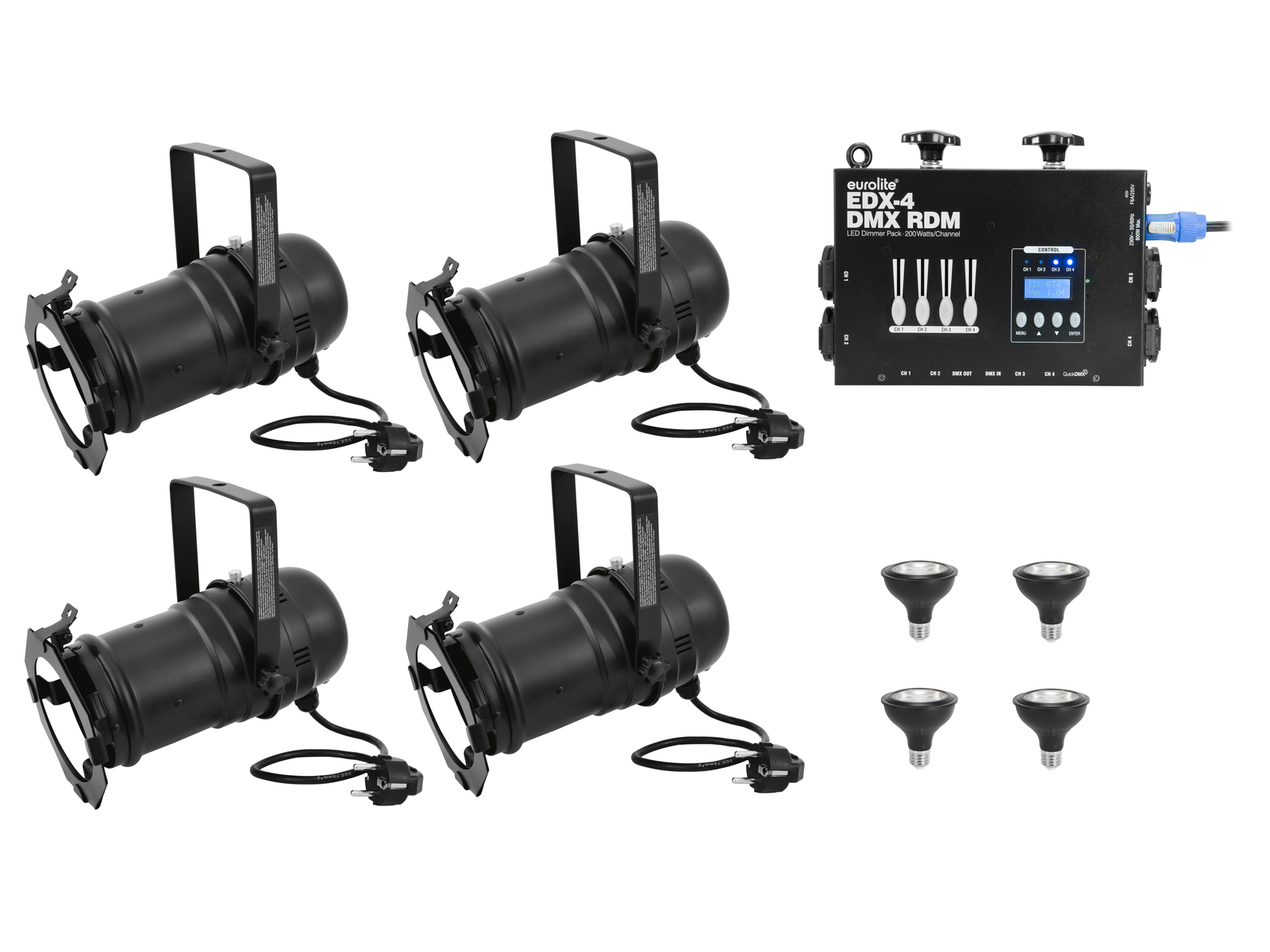 Eurolite Set 4x PAR-30 Spot sw dim2warm + EDX-4 DMX RDM LED-Dimmerpack Eurolite Set 4x PAR-30 Spot sw dim2warm + EDX-4 DMX RDM LED-Dimmerpack von Eurolite