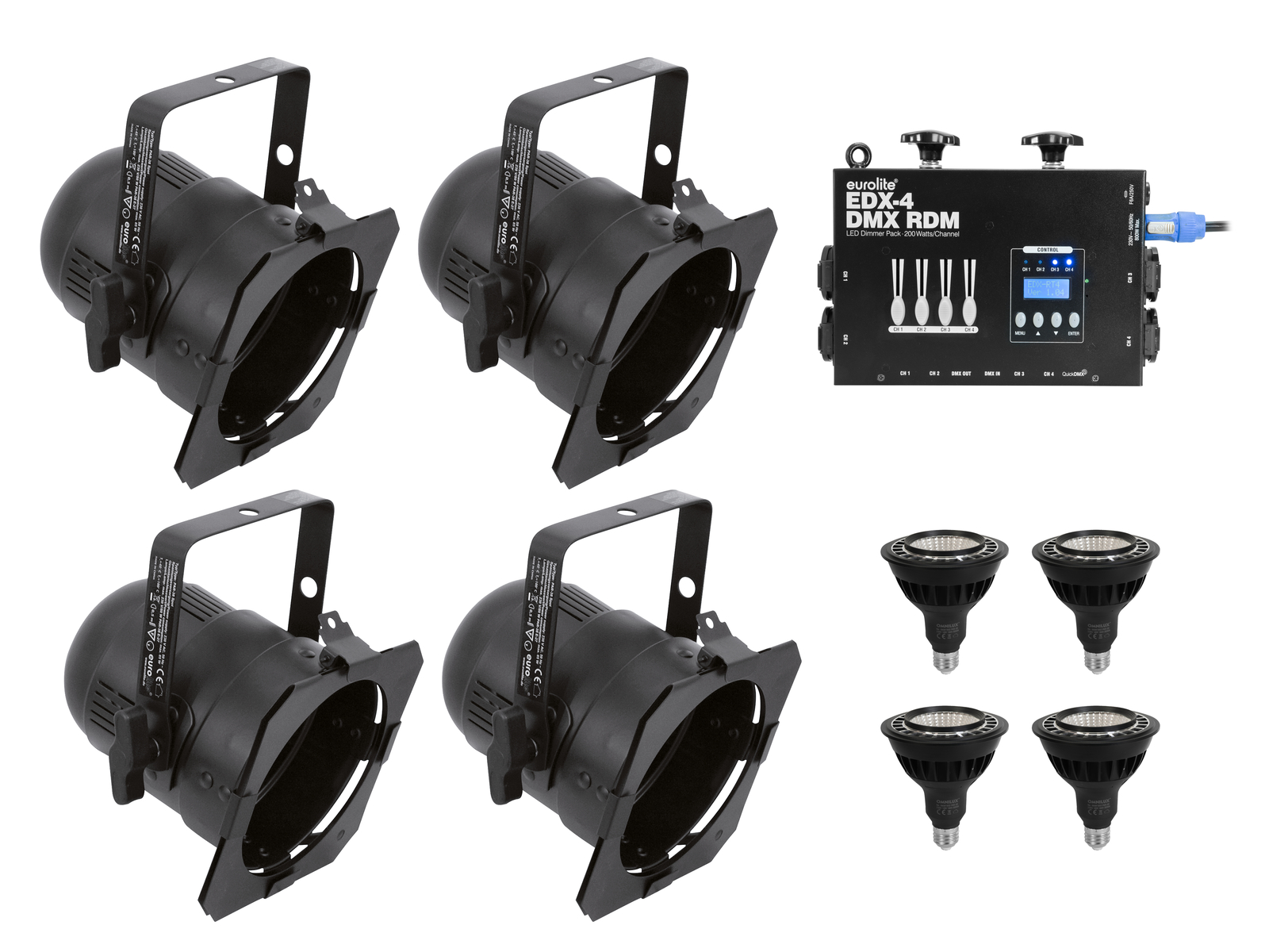 Eurolite Set 4x PAR-38 Spot sw dim2warm + EDX-4 DMX RDM LED-Dimmerpack Eurolite Set 4x PAR-38 Spot sw dim2warm + EDX-4 DMX RDM LED-Dimmerpack von Eurolite
