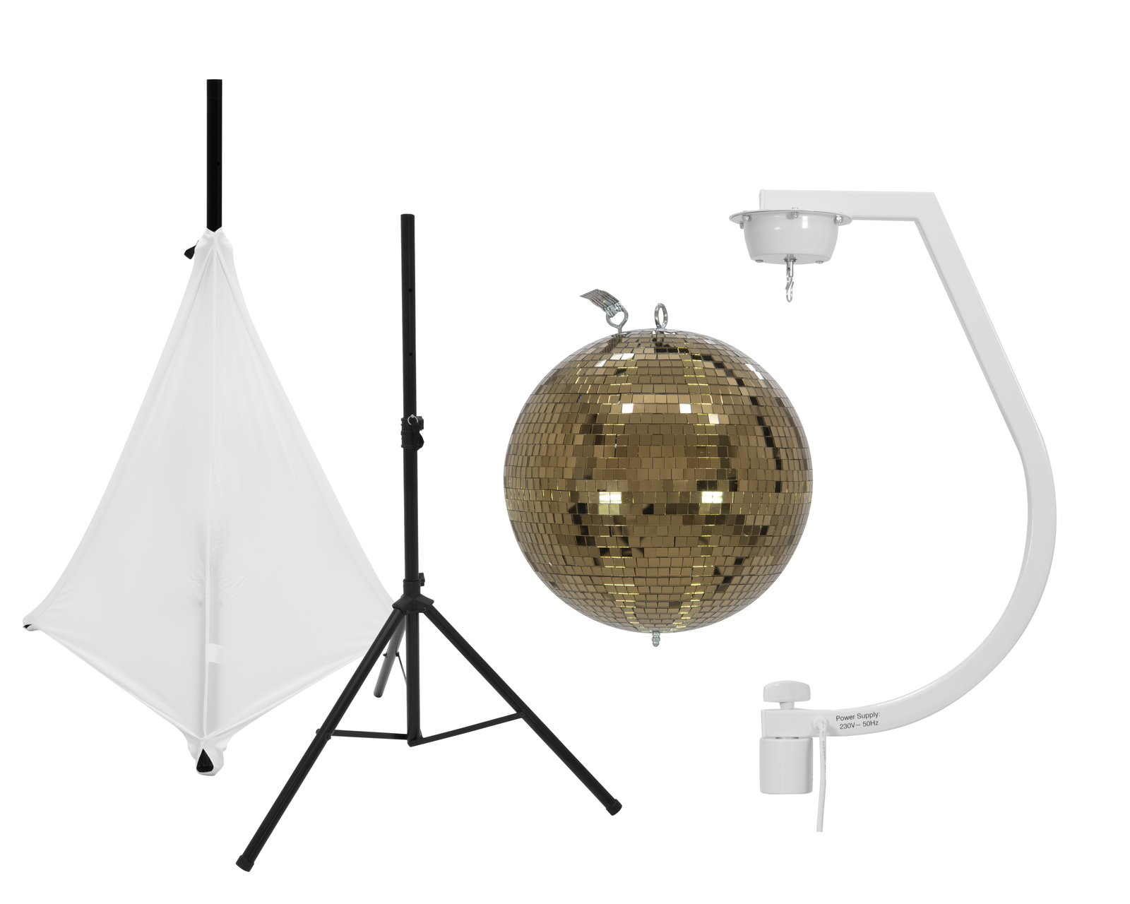 Eurolite Set Spiegelkugel 30cm gold mit Stativ und Segel weiß Eurolite Set Spiegelkugel 30cm gold mit Stativ und Segel weiß von Eurolite