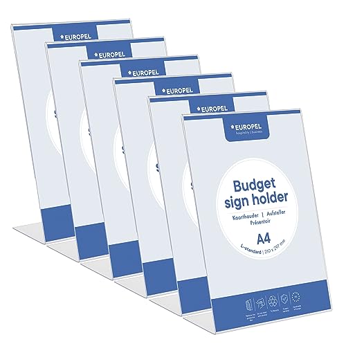 Europel Budget Tischaufsteller, 6 Stück, L-Ständer, DIN A4 Hoch, Glasklar Polystyrol 1,5 mm, Speisekarten- & Prospektständer für Restaurants, Hotels, Konferenz & Rezeption von Europel