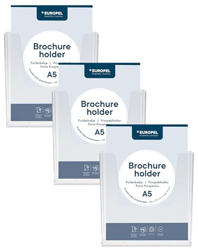 Europel Prospekthalter Wandmontage Einzelfach für DIN A5 im Hochformat, Transparent, Acryl, Broschürenständer für Büros, Broschürenhalter für Menü, Faltblatt, Flyer (Packung mit 3) von Europel