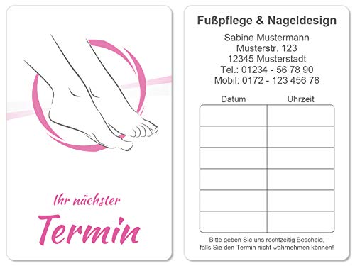 100 Terminkarten bedruckt mit Ihrer Adresse für Fußpflege Pediküre Nagelpflege - Kein Stempel notwendig - Inkl. Kartenspender von Europrint24