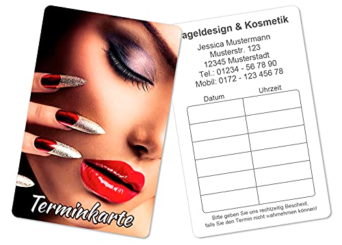 100 Terminkarten bedruckt mit Ihrer Adresse für Nageldesign Kosmetik - Kein Stempel notwendig - Inkl. Kartenspender von Europrint24