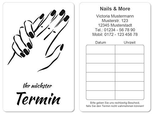 100 Terminkarten bedruckt mit Ihrer Adresse für Nagelpflege Nails Nailart - Kein Stempel notwendig - Inkl. Kartenspender von Europrint24