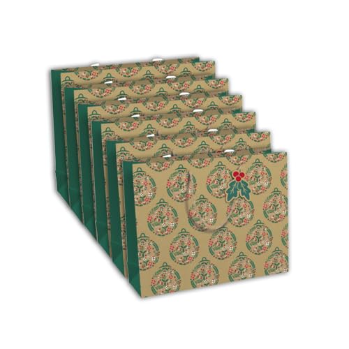 Clairefontaine X-30885-6Cpack - Packung 6 Geschenktasche - Tüte Kraft, Format Shopping (37,3x11,8x27,5 cm), 210g, geeignet für voluminöse Geschenke, Weihnachtskugel Rot - Grün - Kraftbraun, 1 Pack von Eurowrap