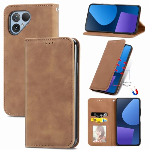 Everainy Kompatibel für Fairphone 5 Hülle Silikon Einfarbig Leder Flip Case Cover Tasche Kartenfach Kickstand Klappbar Magnetisch Hüllen Stoßfest Farbe Handyhülle (Braun) von Everainy-EU
