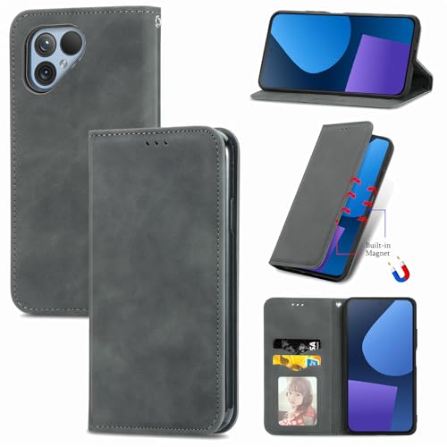 Everainy Kompatibel für Fairphone 5 Hülle Silikon Einfarbig Leder Flip Case Cover Tasche Kartenfach Kickstand Klappbar Magnetisch Hüllen Stoßfest Farbe Handyhülle (Grau) von Everainy-EU