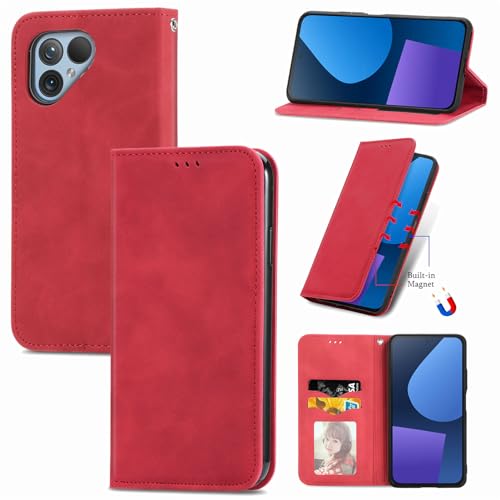 Everainy Kompatibel für Fairphone 5 Hülle Silikon Einfarbig Leder Flip Case Cover Tasche Kartenfach Kickstand Klappbar Magnetisch Hüllen Stoßfest Farbe Handyhülle (Rot) von Everainy-EU