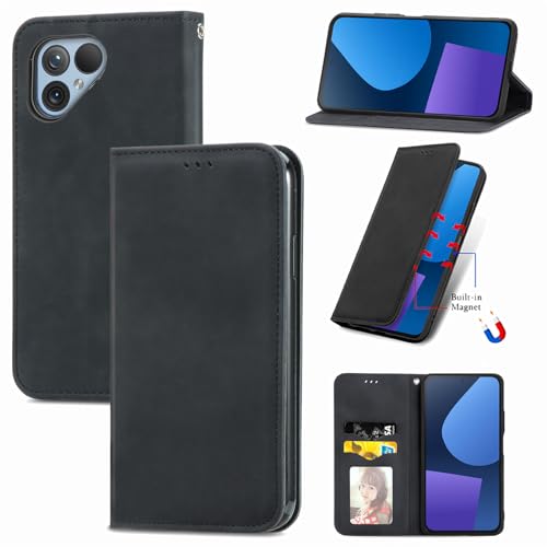 Everainy Kompatibel für Fairphone 5 Hülle Silikon Einfarbig Leder Flip Case Cover Tasche Kartenfach Kickstand Klappbar Magnetisch Hüllen Stoßfest Farbe Handyhülle (Schwarz) von Everainy-EU