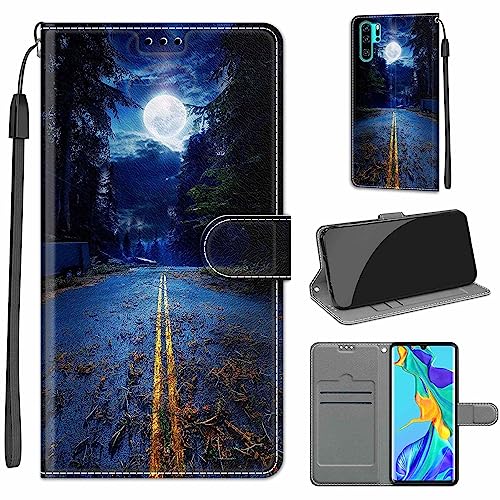 Everainy Kompatibel für Huawei P30 Pro Hülle Silikon Leder Flip Case Cover Brieftasche Kartenfach Kickstand Muster Motiv Klappbar Magnetisch Hüllen Stoßfest Bumper Handyhülle (Mond) von Everainy-EU