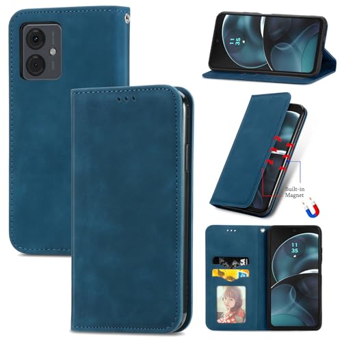 Everainy Kompatibel für Motorola Edge 40 Neo Hülle Silikon Einfarbig Leder Flip Case Cover Tasche Kartenfach Kickstand Klappbar Magnetisch Hüllen Stoßfest Farbe Handyhülle (Blau) von Everainy-EU