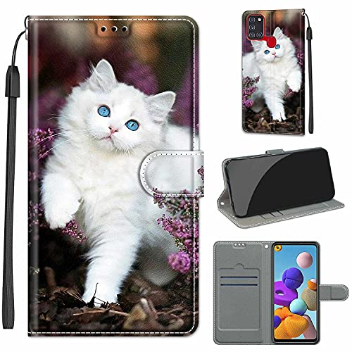 Everainy Kompatibel für Samsung Galaxy A21s Hülle Silikon Leder Flip Case Cover Brieftasche Wallet Kartenfach Kickstand Muster Motiv Klappbar Magnetisch Hüllen Stoßfest Bumper Handyhülle (Katze 1) von Everainy-EU