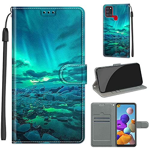 Everainy Kompatibel für Samsung Galaxy A21s Hülle Silikon Leder Flip Case Cover Brieftasche Wallet Kartenfach Kickstand Muster Motiv Klappbar Magnetisch Hüllen Stoßfest Bumper Handyhülle (grün) von Everainy-EU