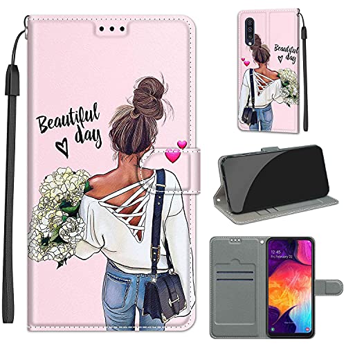 Everainy Kompatibel für Samsung Galaxy A50 Hülle Silikon Leder Flip Case Cover Brieftasche Wallet Kartenfach Kickstand Muster Motiv Klappbar Magnetisch Hüllen Stoßfest Bumper Handyhülle (Mädchen) von Everainy-EU