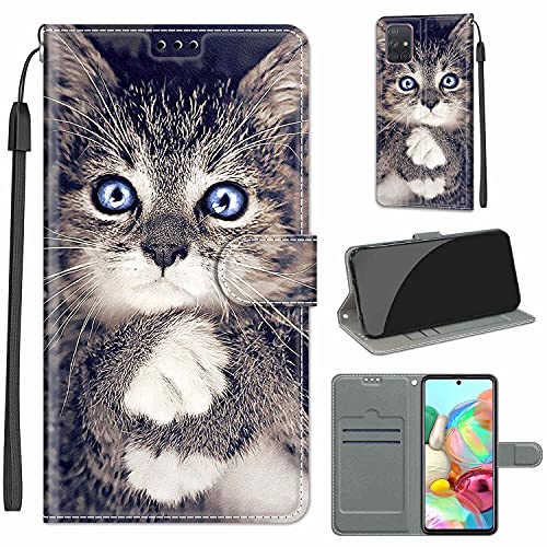 Everainy Kompatibel für Samsung Galaxy A71 4G Hülle Silikon Leder Flip Case Cover Brieftasche Wallet Kartenfach Kickstand Muster Motiv Klappbar Magnetisch Hüllen Stoßfest Bumper Handyhülle (Katze) von Everainy-EU