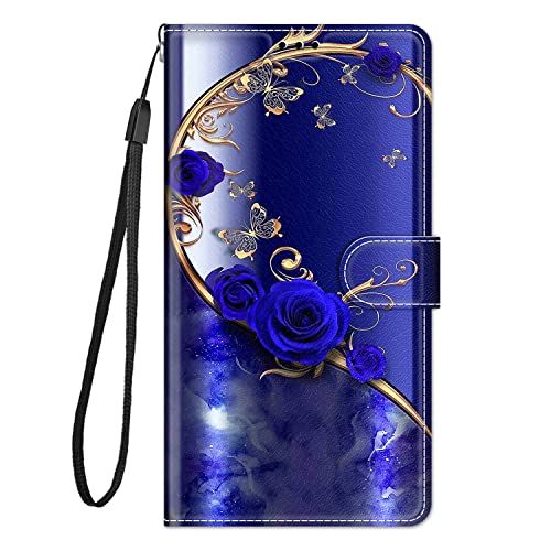 Everainy Kompatibel für Xiaomi Redmi 12 4G 5G Hülle Silikon Leder Flip Case Cover Brieftasche Kartenfach Kickstand Muster Motiv Klappbar Magnetisch Hüllen Bumper Handyhülle (blau Rose) von Everainy-EU