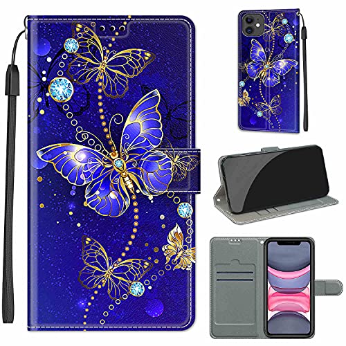 Everainy Kompatibel für iPhone 11 (6.1") Hülle Silikon Leder Flip Case Cover Brieftasche Wallet Kartenfach Kickstand Muster Klappbar Magnetisch Hüllen Stoßfest Bumper Handyhülle (blau Schmetterling) von Everainy-EU