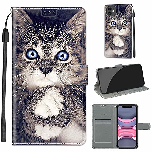 Everainy Kompatibel für iPhone 11 (6.1") Hülle Silikon Leder Flip Case Cover Brieftasche Wallet Kartenfach Kickstand Muster Motiv Klappbar Magnetisch Hüllen Stoßfest Bumper Handyhülle (Katze) von Everainy-EU