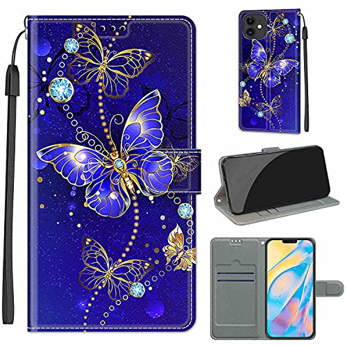 Everainy Kompatibel für iPhone 12 (6.1")/iPhone 12 Pro (6.1") Hülle Silikon Leder Flip Case Cover Brieftasche Wallet Kartenfach Muster Klappbar Magnetisch Hüllen Bumper Handyhülle (blau Schmetterling) von Everainy-EU