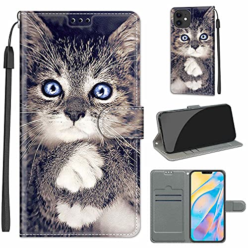 Everainy Kompatibel für iPhone 12 (6.1")/iPhone 12 Pro (6.1") Hülle Silikon Leder Flip Case Cover Brieftasche Wallet Kartenfach Muster Klappbar Magnetisch Hüllen Stoßfest Bumper Handyhülle (Katze) von Everainy-EU