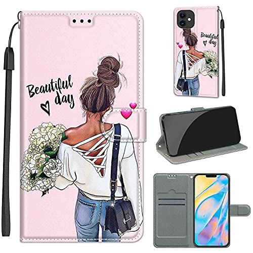 Everainy Kompatibel für iPhone 12 (6.1")/iPhone 12 Pro (6.1") Hülle Silikon Leder Flip Case Cover Brieftasche Wallet Kartenfach Muster Klappbar Magnetisch Hüllen Stoßfest Bumper Handyhülle (Mädchen) von Everainy-EU