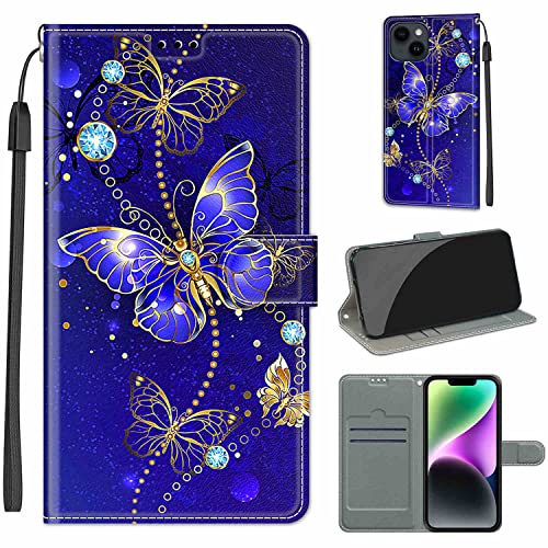 Everainy Kompatibel für iPhone 13 (6.1")/iPhone 14 (6.1") Hülle Silikon Leder Flip Case Cover Brieftasche Wallet Kartenfach Muster Klappbar Magnetisch Hüllen Bumper Handyhülle (blau Schmetterling) von Everainy-EU