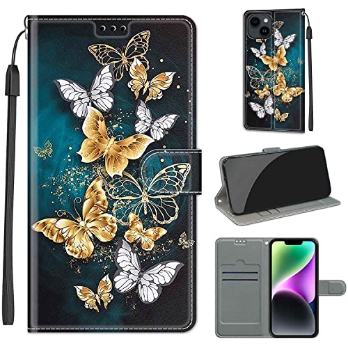 Everainy Kompatibel für iPhone 13 (6.1")/iPhone 14 (6.1") Hülle Silikon Leder Flip Case Cover Brieftasche Wallet Kartenfach Muster Motiv Klappbar Magnetisch Hüllen Bumper Handyhülle (Schmetterling 1) von Everainy-EU