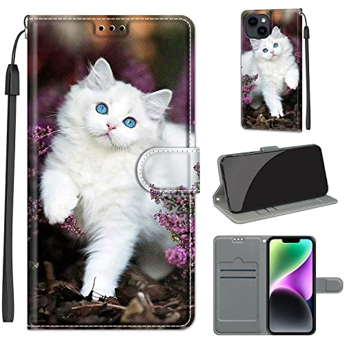 Everainy Kompatibel für iPhone 13 (6.1")/iPhone 14 (6.1") Hülle Silikon Leder Flip Case Cover Brieftasche Wallet Kartenfach Muster Motiv Klappbar Magnetisch Hüllen Stoßfest Bumper Handyhülle (Katze 1) von Everainy-EU